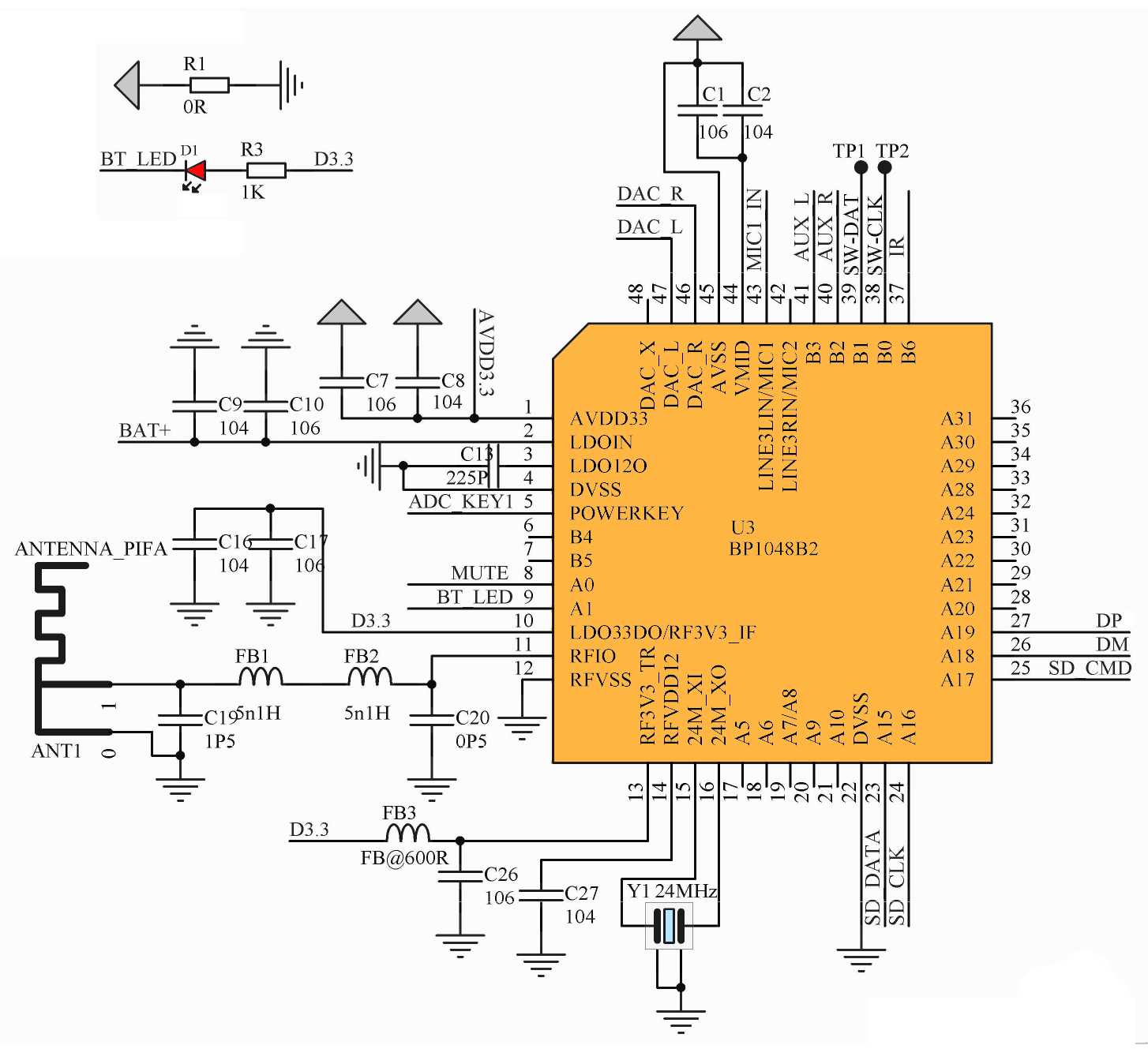 Типовая принципиальная схема обвязки аудиопроцессора MVSilicon BP1048B2