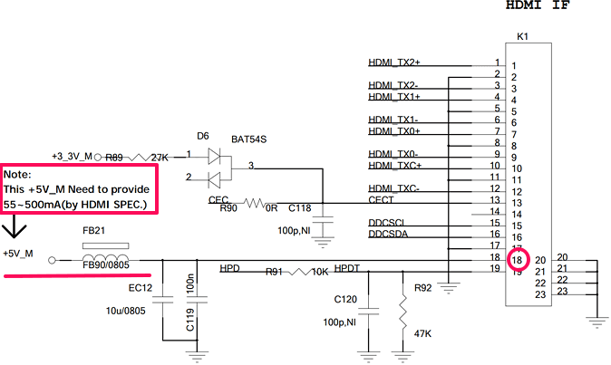 Схема подачи питающего напряжения +5V на разъём HDMI