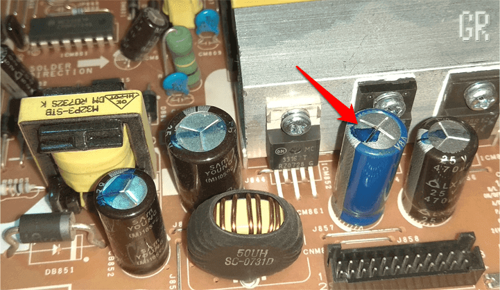 Вздувшийся конденсатор SAMWHA 2200 мкФ (10V)