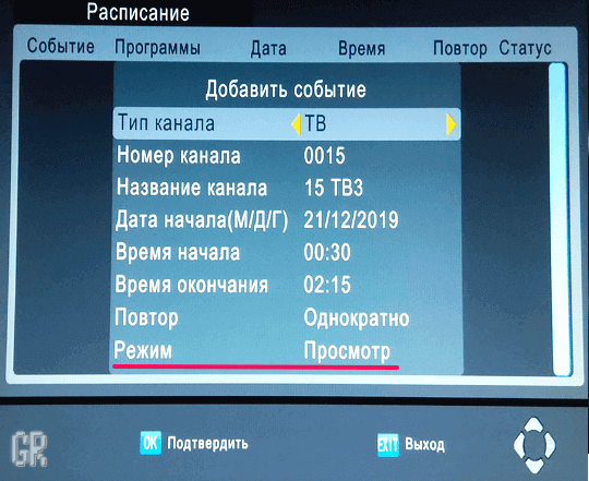 Параметры запланированного события