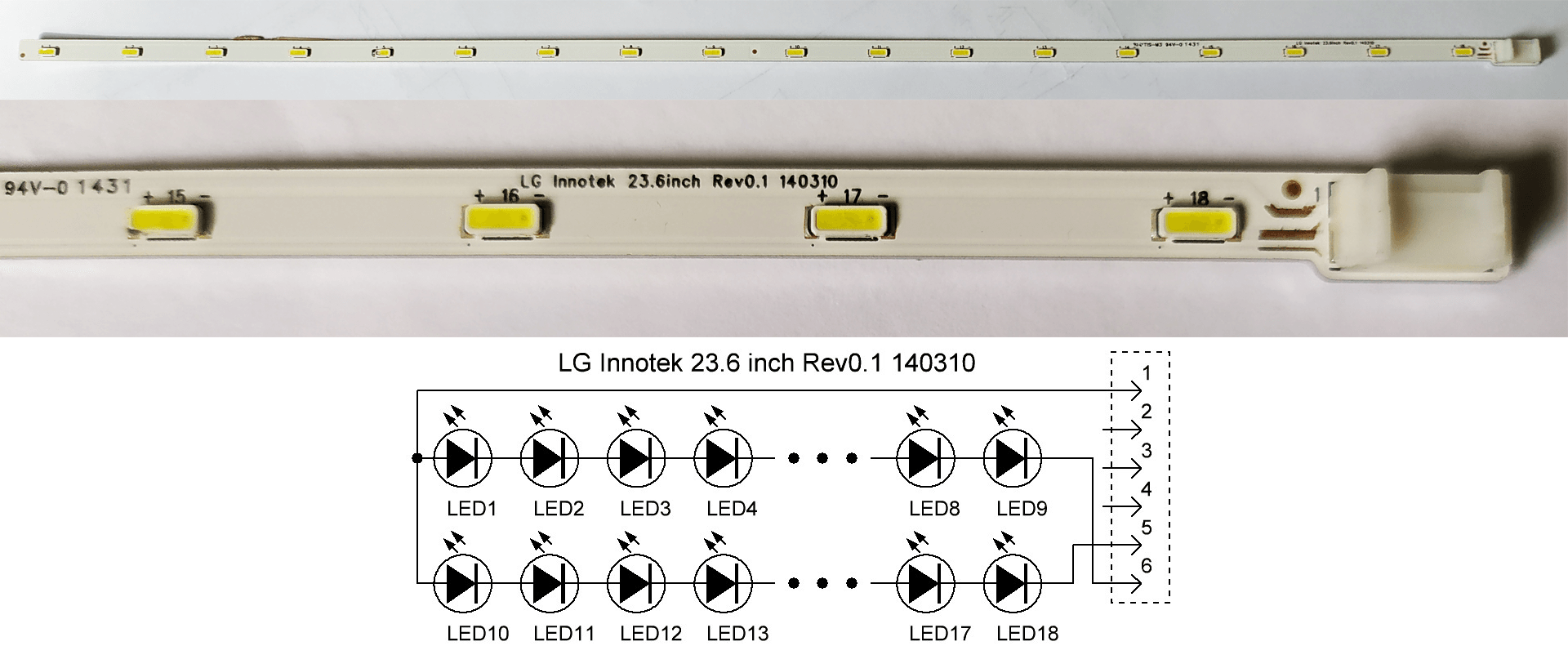 LG Innotek 23.6 inch Rev0.1 140310. Схема соединений светодиодов на подложке и внешний вид.