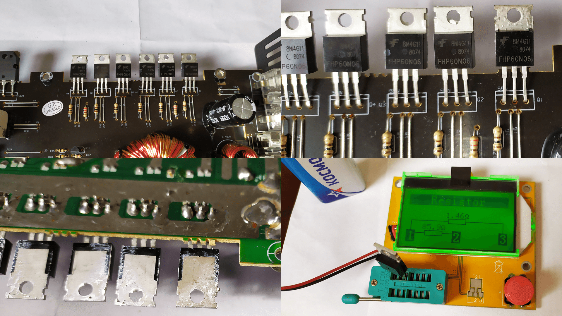 Процесс демонтажа и проверки MOSFET-транзистора FHP60N06.