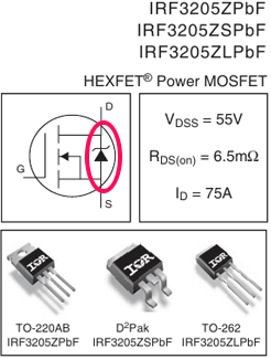 Обозначение встроенного диода внутри MOSFET-транзистора