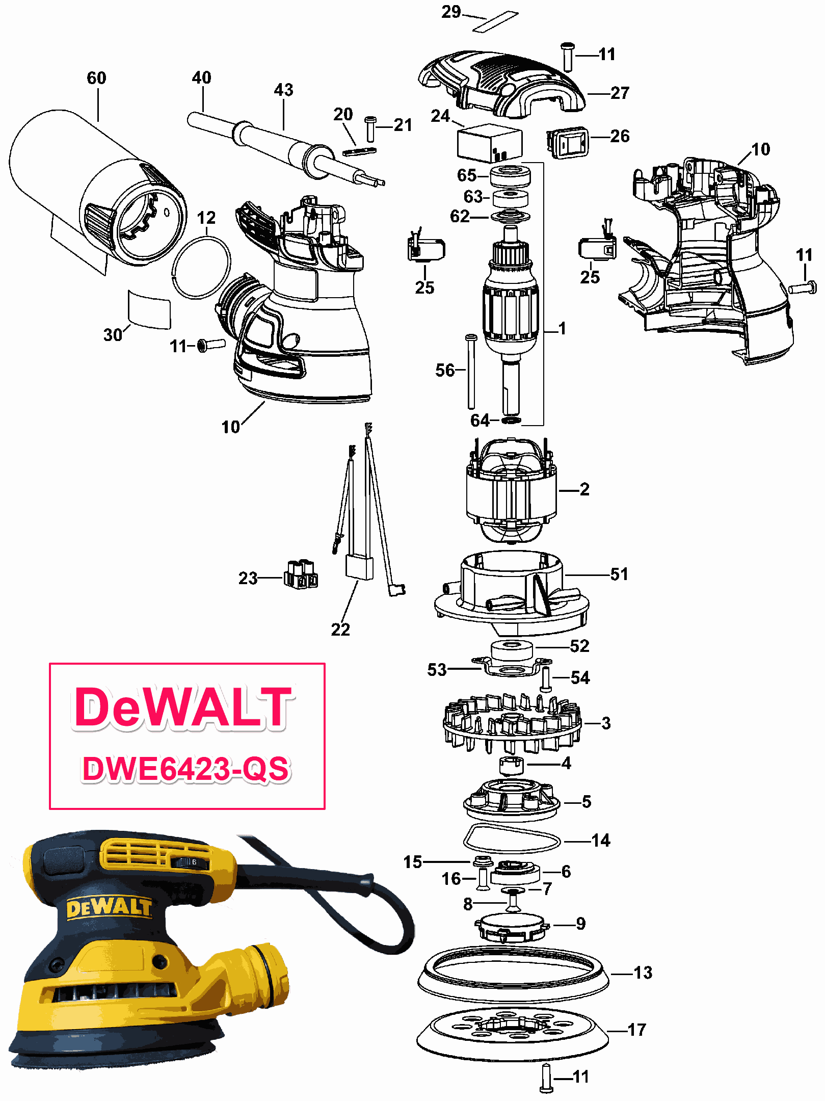 Взрыв-схема эксцентриковой шлифмашины DeWalt DWE6423