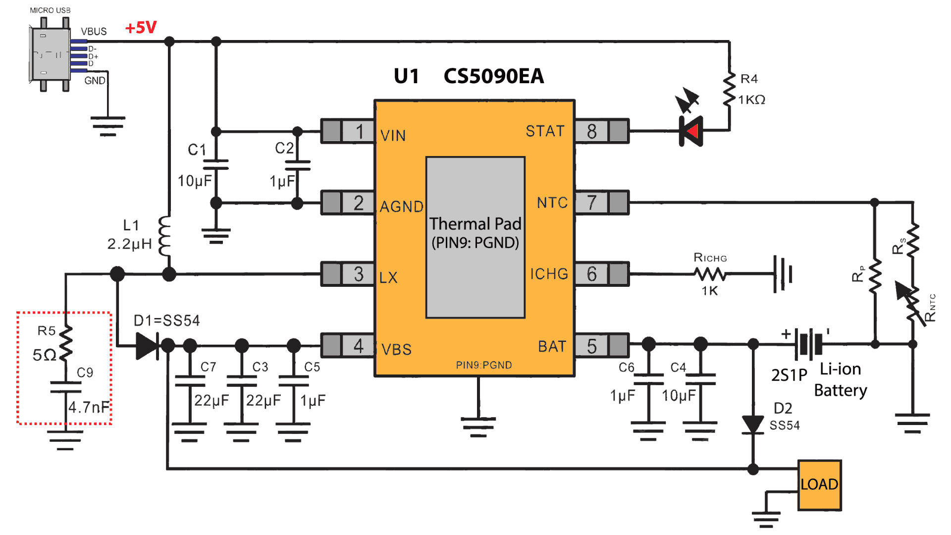 Схема зарядного устройства на CS5090EA с цепью подключения нагрузки